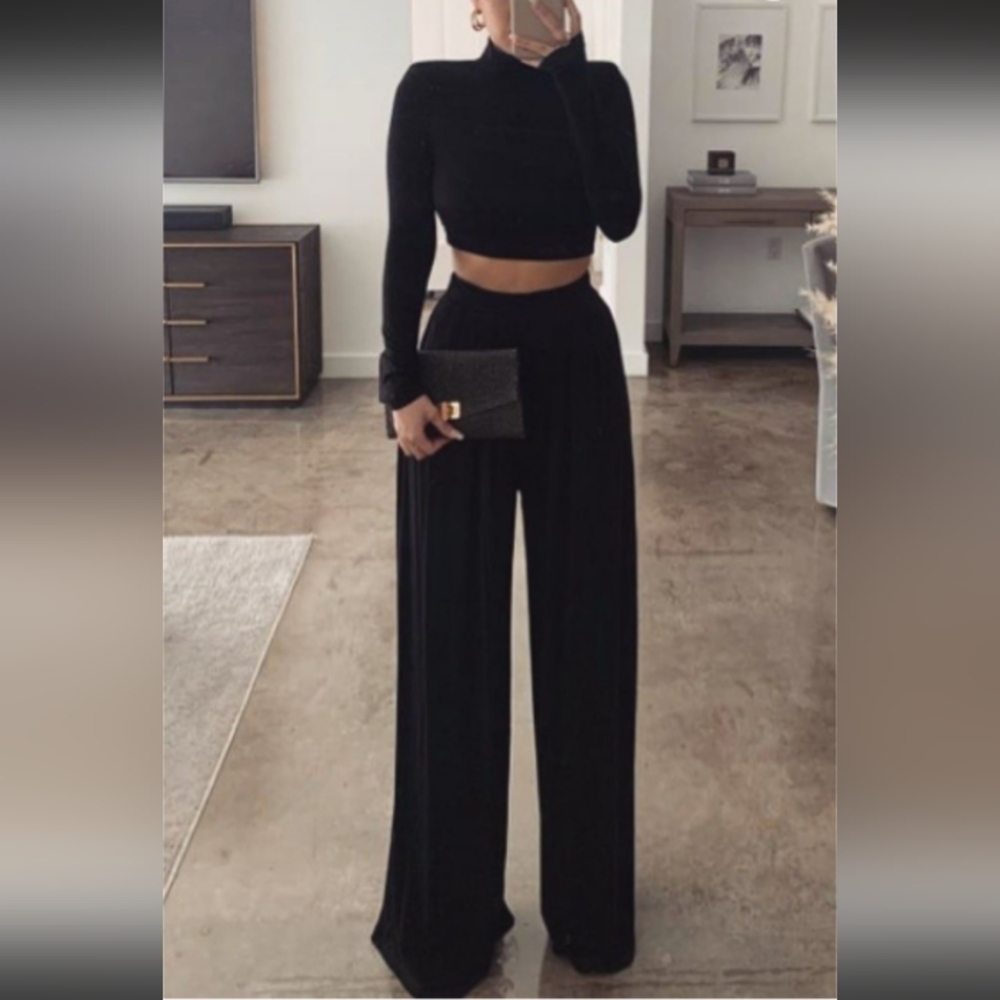 LAST SET! 2 PC Black Wide Leg Pant Trouser Mock Neck Long Sleeve Crop Top Set